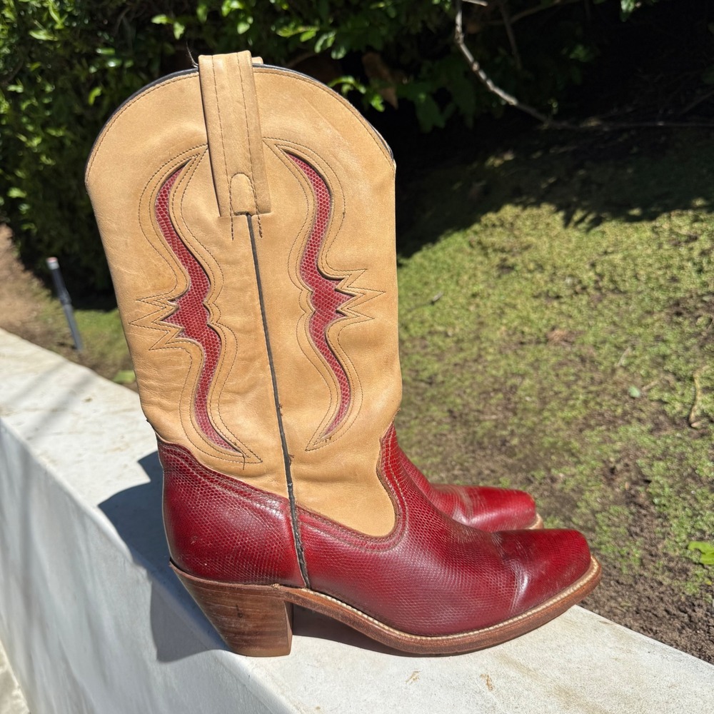 Frye Vintage Red Lizard Embossed Leather Western Cowboy Boots 9 B 1J01075 USA - Picture 3 of 11